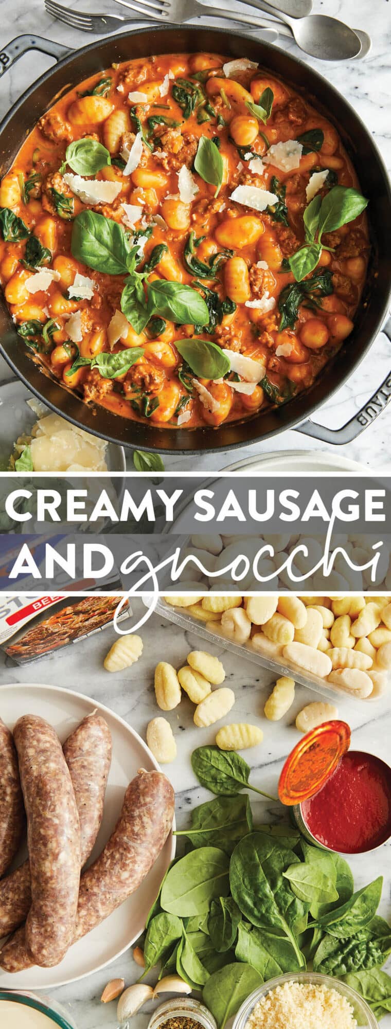 Creamy Sausage Gnocchi - A quick 30 min ONE POT meal! With crumbled Italian sausage, sneaked in spinach and the best tomato cream sauce ever!