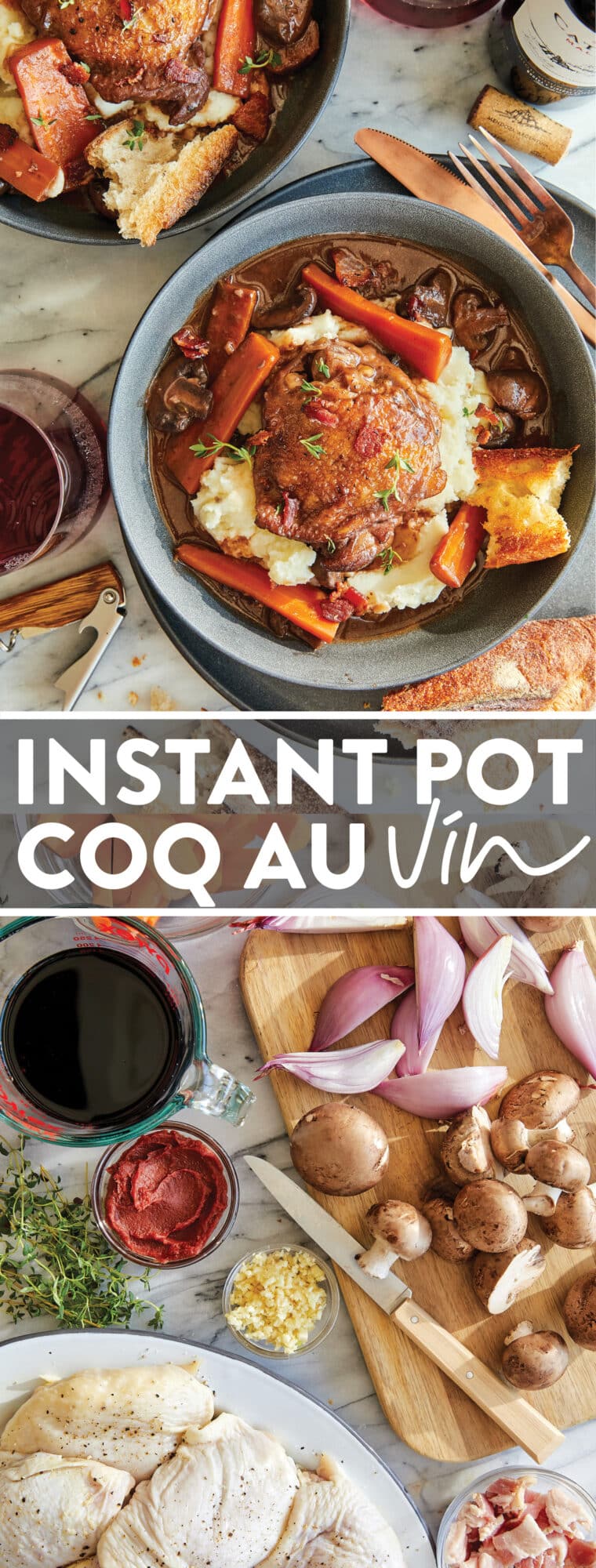 Instant Pot Coq Au Vin - Oh-so-perfect silky-tender chicken and veggies cooked in a red wine sauce in just a fraction of the time. SO GOOD!