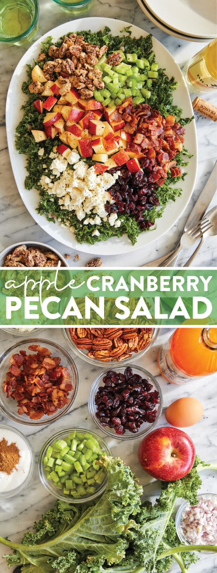 Apple Cranberry Pecan Salad - Een heldere, verfrissende herfstsalade met appels, spek + de meest verbazingwekkende gekonfijte pecannoten.  Perfect voor de feestdagen!