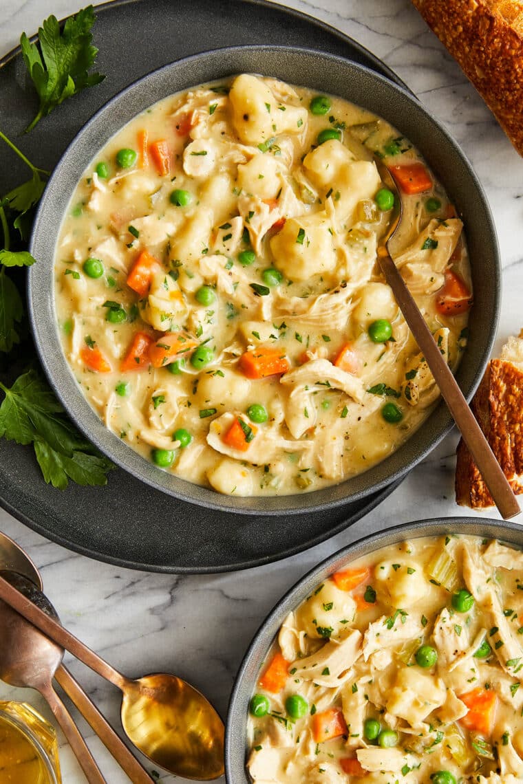 Chicken and Dumplings - A creamy, hearty chicken stew with veggies and light, fluffy homemade gnocchi!  It comes together so quickly!