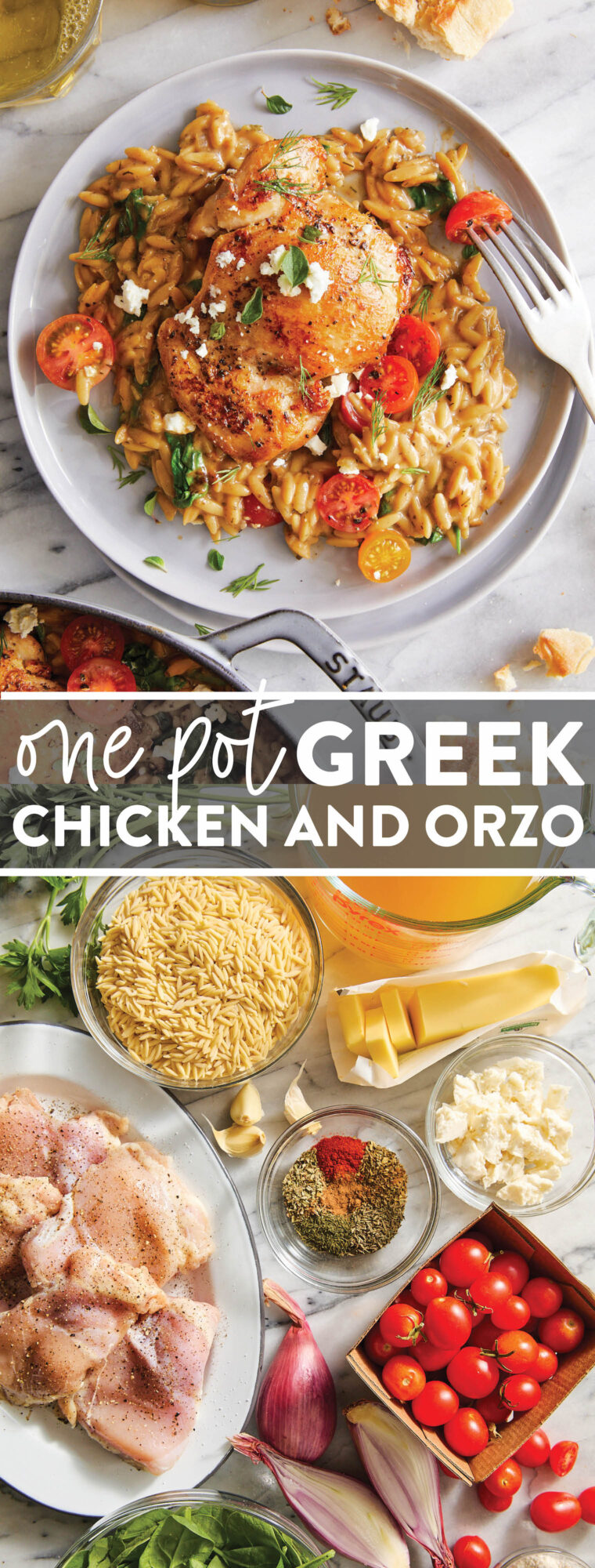 One Pot Greek Chicken and Orzo - Tender, juicy chicken and the creamiest orzo ever (that cooks right in the pan) topped with tomatoes + feta!