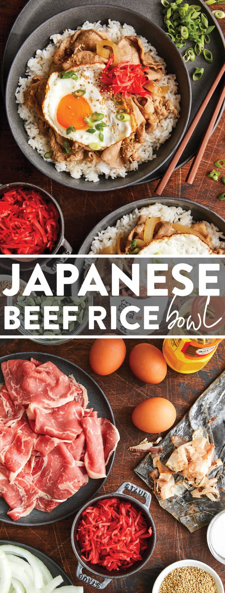 Gyudon (Japanese Beef Rice Bowl) - A weeknight favorite with thinly sliced beef + tender onions in a sweet and savory sauce! So quick + easy!