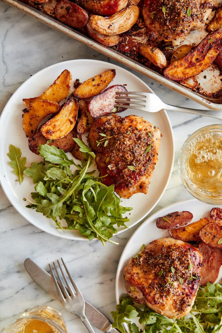 Sheet Pan Honey Mustard Chicken and Potatoes - ONE POT EASY DINNER! Tender, oh-so-juicy oven baked chicken in THE BEST honey mustard sauce.