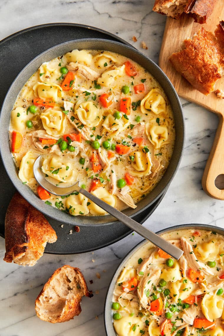 Creamy Chicken Tortellini Soup - An easy one pot soup using rotisserie chicken and quick-cooking tortellini, made in 40 min start to finish!