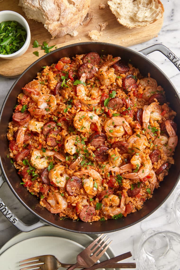 Easy Jambalaya - With sausage, shrimp, veggies, rice + all the best signature flavors, all made in ONE POT! So good with the easiest clean up!