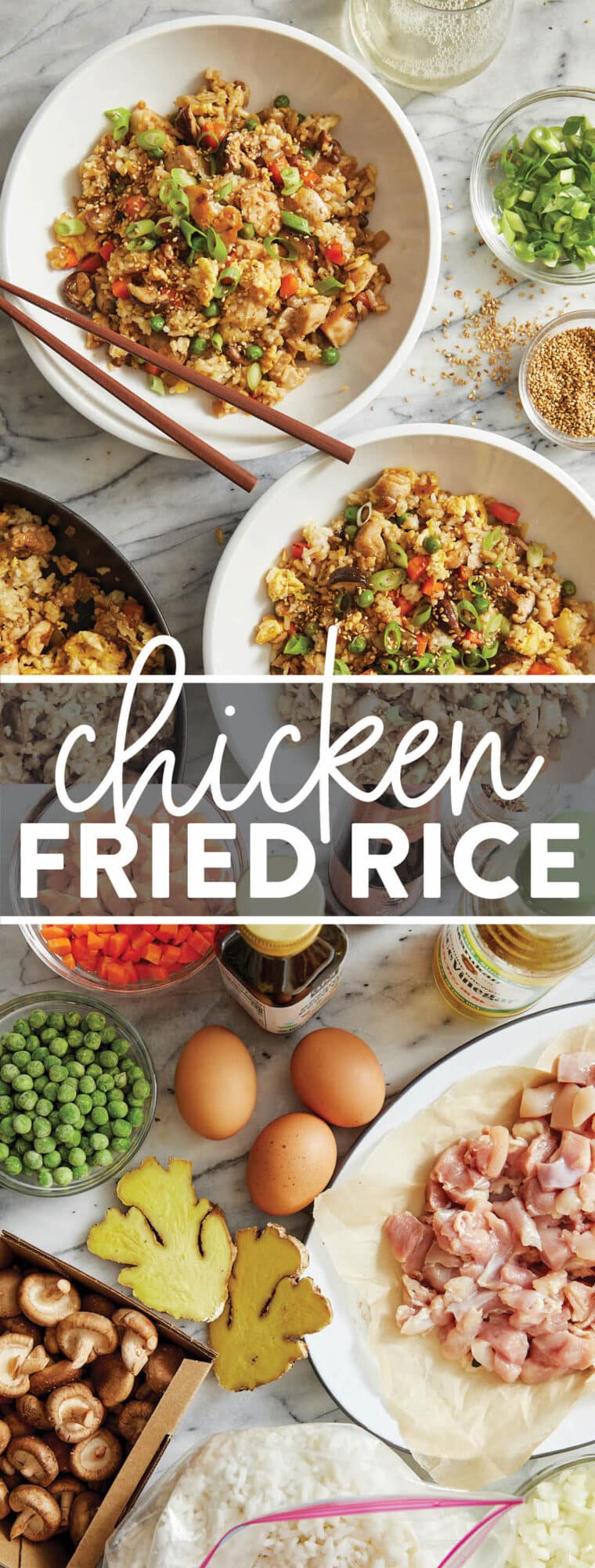 Easy Chicken Fried Rice - Comes together so quickly with leftover rice! Made with chicken, eggs, vegetables and white or brown rice. SO GOOD.