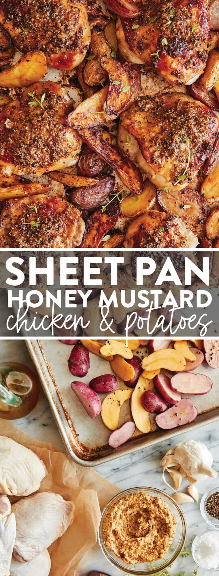 Sheet Pan Honey Mustard Chicken and Potatoes - ONE POT EASY DINNER! Tender, oh-so-juicy oven baked chicken in THE BEST honey mustard sauce.