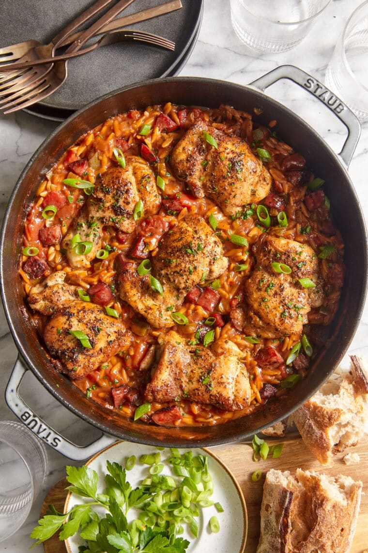 One Pot Cajun Chicken and Orzo - With creamy orzo, chicken, cajun seasoning, and andouille sausage. SUPER EASY + can be made in only ONE POT!