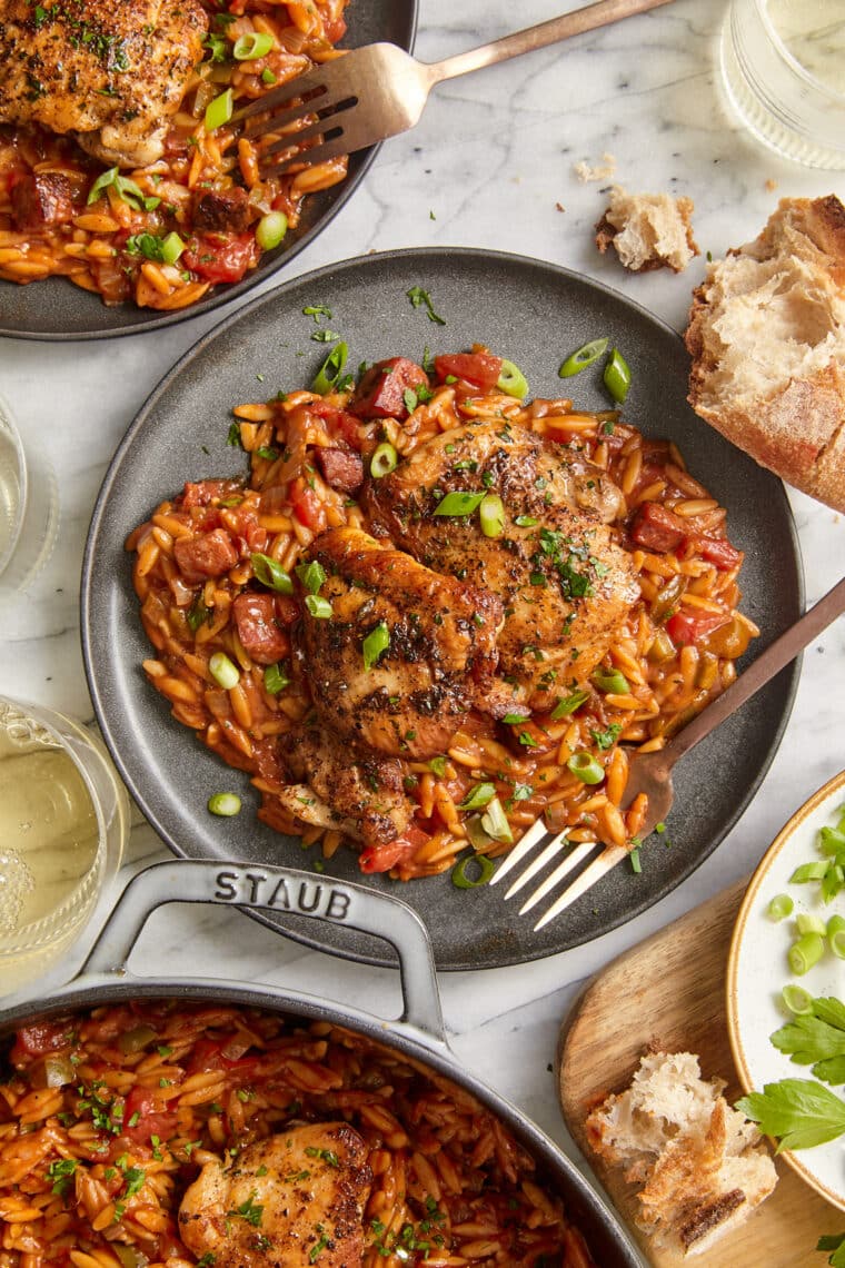 One Pot Cajun Chicken and Orzo - With creamy orzo, chicken, cajun seasoning, and andouille sausage. SUPER EASY + can be made in only ONE POT!