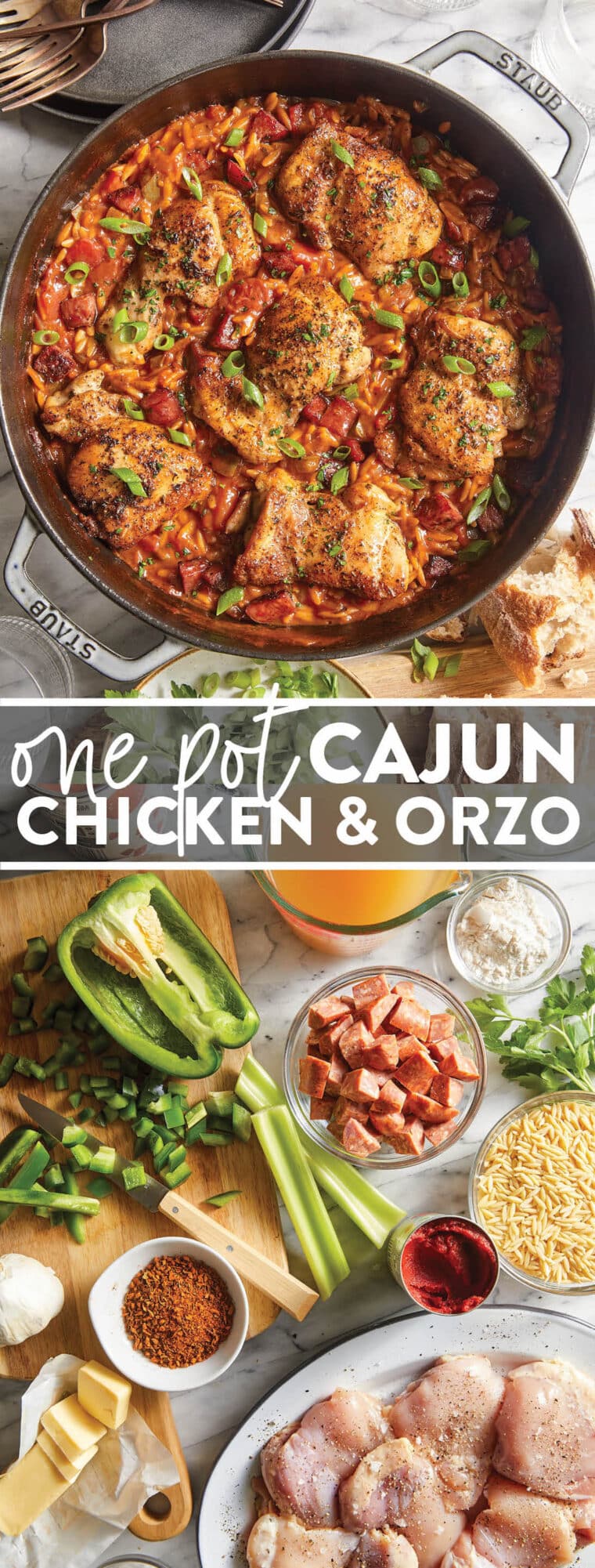 One Pot Cajun Chicken and Orzo - With creamy orzo, chicken, cajun seasoning, and andouille sausage. SUPER EASY + can be made in only ONE POT!