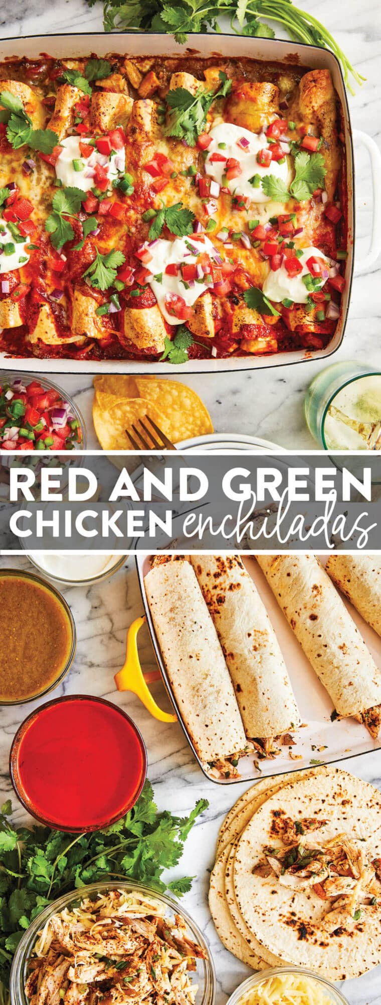 Red and Green Chicken Enchiladas - Can't decide between red or green enchilada sauce? Now you can have both and have the best of both worlds!