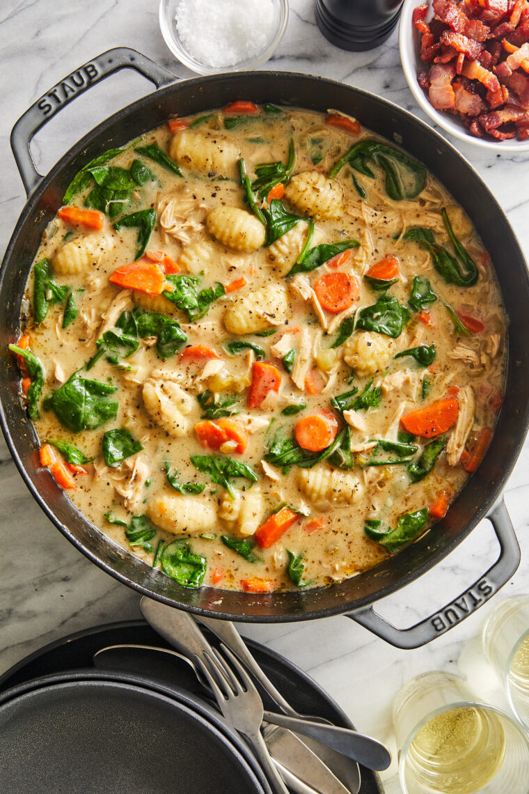 Chicken and Gnocchi Soup - With a creamy, velvety chicken broth, shredded chicken, veggies, and pillowy gnocchi. SO good with crusty bread!