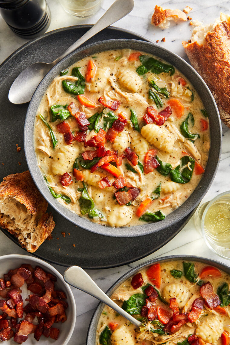 Chicken and Gnocchi Soup - With a creamy, velvety chicken broth, shredded chicken, veggies, and pillowy gnocchi. SO good with crusty bread!