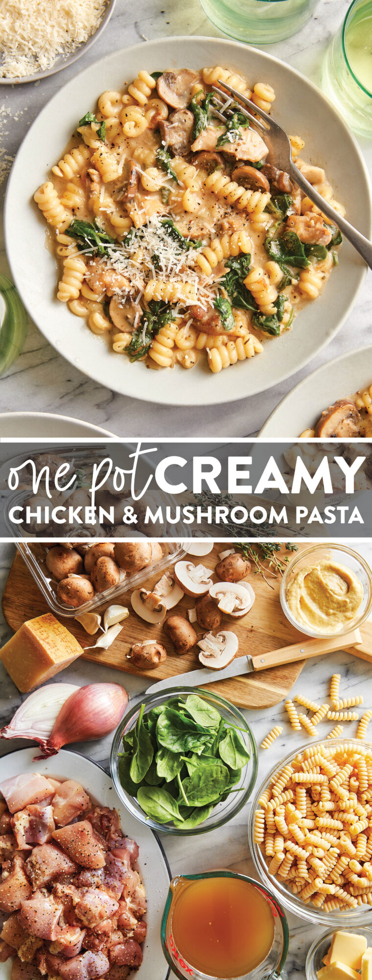 One Pot Creamy Chicken and Mushroom Pasta - No fuss ONE POT MEAL! So so creamy, so easy. Chockfull of tender chicken, mushrooms, and spinach!