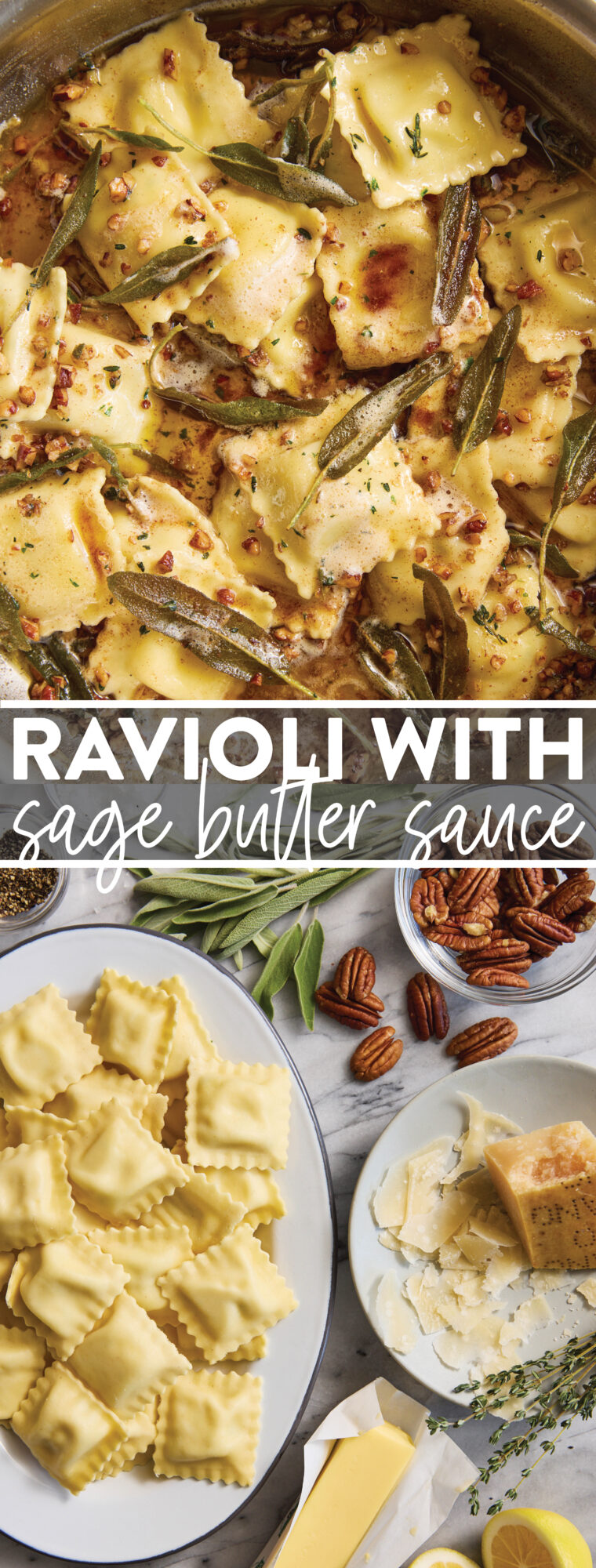 Ravioli with Sage Butter Sauce - The quickest (BEST!) 25 min dinner. With a nutty garlicky brown butter sauce, crispy sage & toasted pecans!