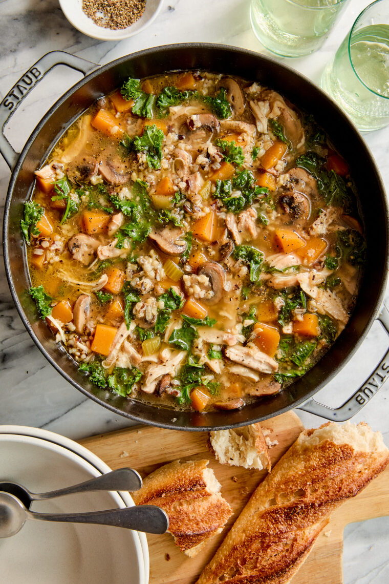 Fall Chicken and Wild Rice Soup - With chicken, wild rice, and butternut squash (or sweet potato!). The coziest autumn soup to warm you up!