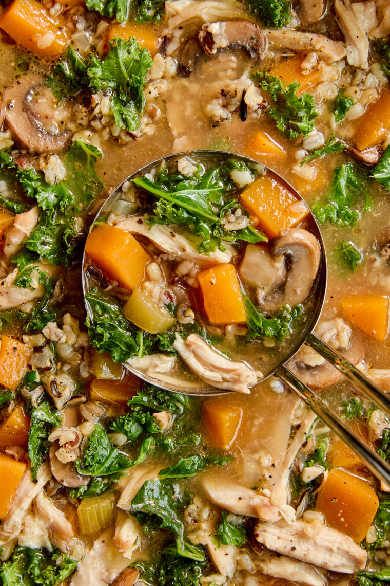 Fall Chicken and Wild Rice Soup - With chicken, wild rice, and butternut squash (or sweet potato!). The coziest autumn soup to warm you up!