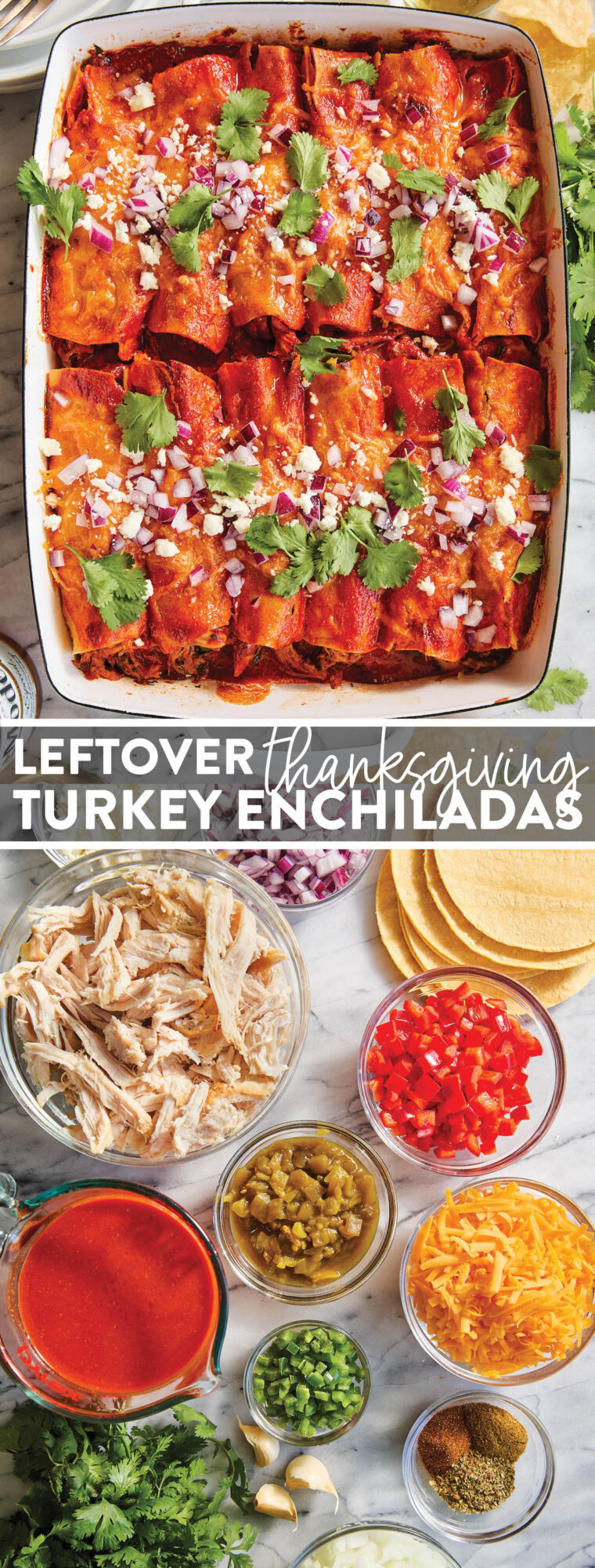 Leftover Thanksgiving Turkey Enchiladas - Best way to use up your leftover holiday turkey (or chicken!). A crowd-pleaser for kids + grown ups!