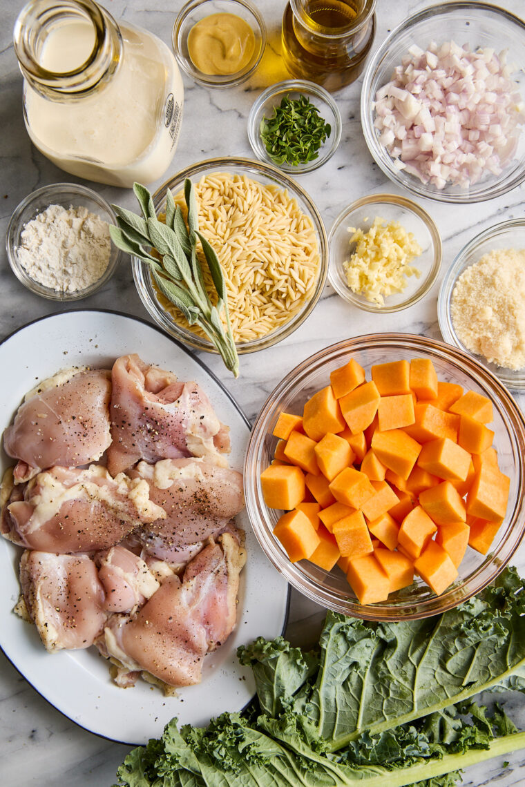 Chicken and Butternut Squash Orzo - Best kind of weeknight meal! Tender chicken, roasted butternut squash, creamy orzo and sneaked in greens!