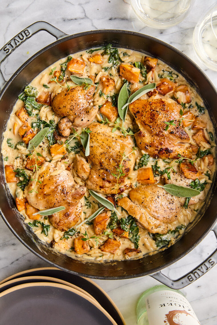 Chicken and Butternut Squash Orzo - Best kind of weeknight meal! Tender chicken, roasted butternut squash, creamy orzo and sneaked in greens!