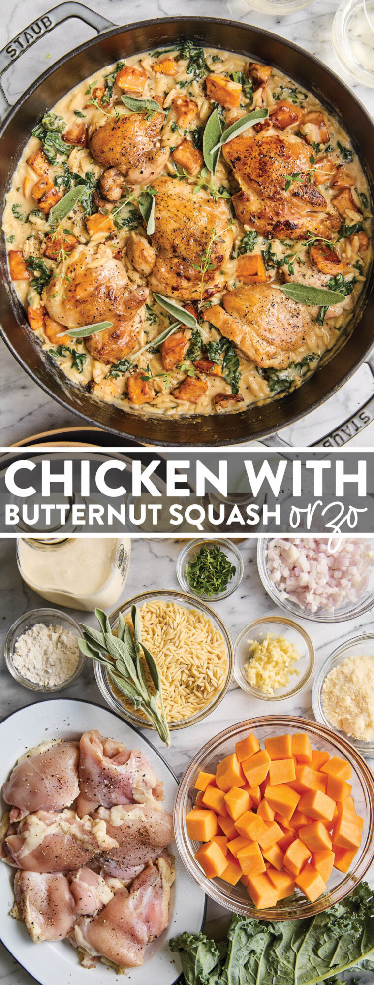 Chicken and Butternut Squash Orzo - Best kind of weeknight meal! Tender chicken, roasted butternut squash, creamy orzo and sneaked in greens!