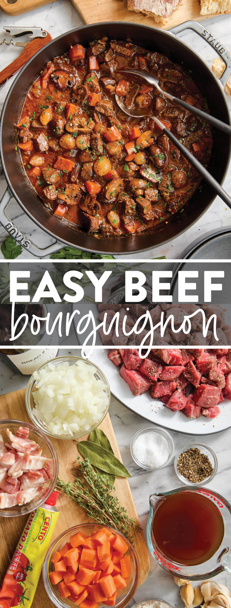 Easy Beef Bourguignon - A classic French stew with oh-so-tender braised fall apart beef with vegetables in a luxurious red wine gravy sauce.