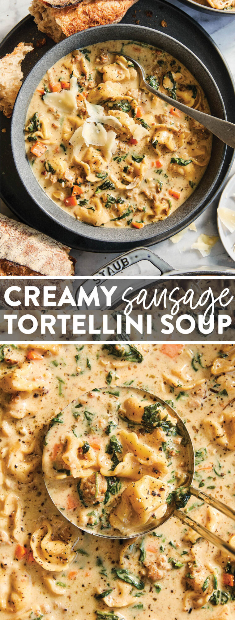 Sausage Tortellini Soup - Quick, easy weeknight meal made in 40 min! With crumbled sausage, tortellini, spinach, cream and basil. So creamy!!