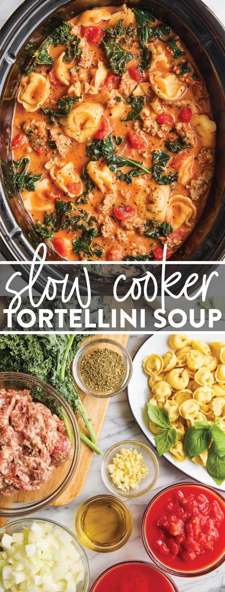 Slow Cooker Tortellini Soup - With crumbled sausage, tomatoes, pillowy cheese tortellini + leafy greens in a velvety, creamy broth. SO GOOD!